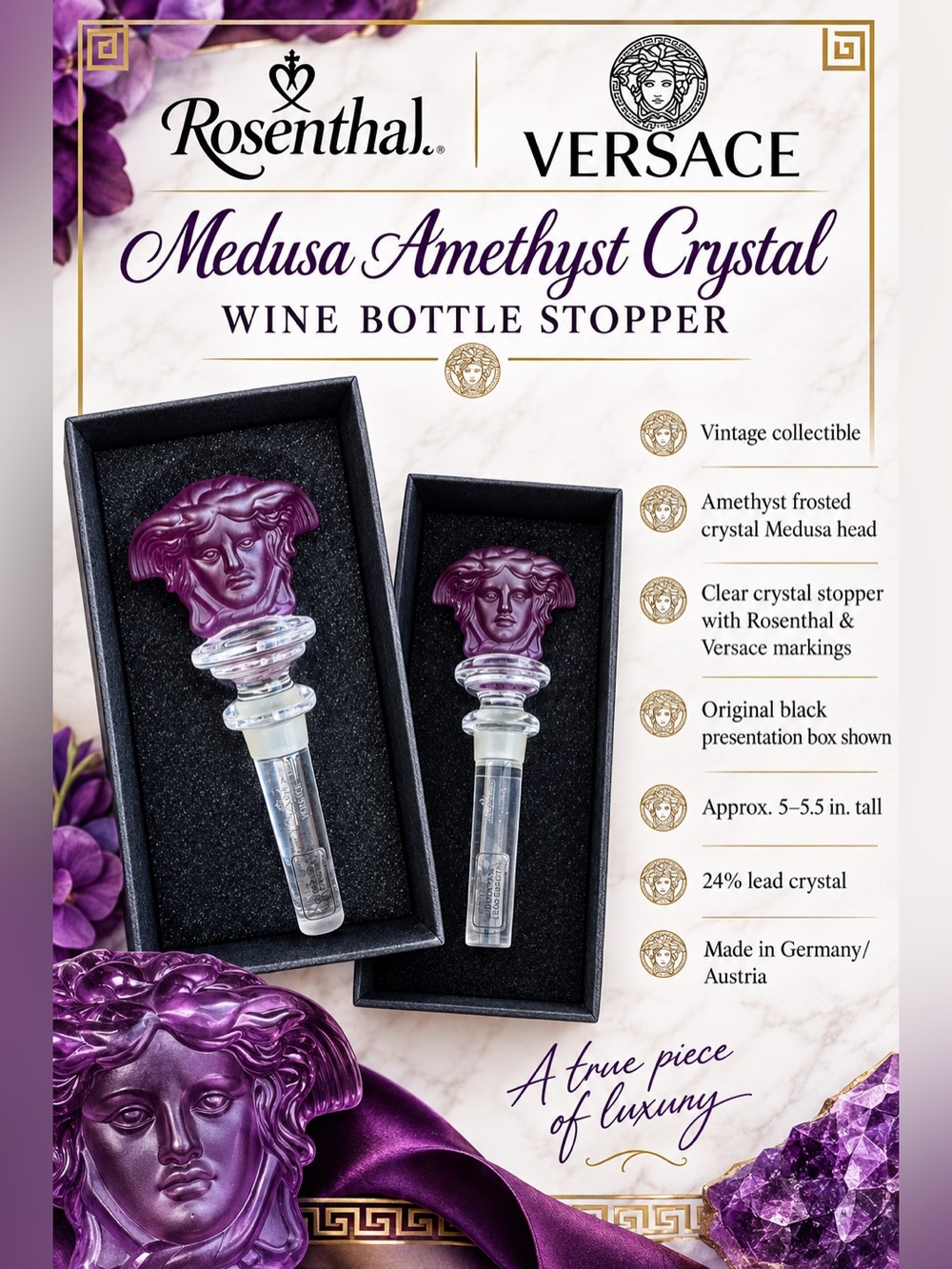Versace Purple Medusa Amethyst Crystal Wine Bottle Stopper